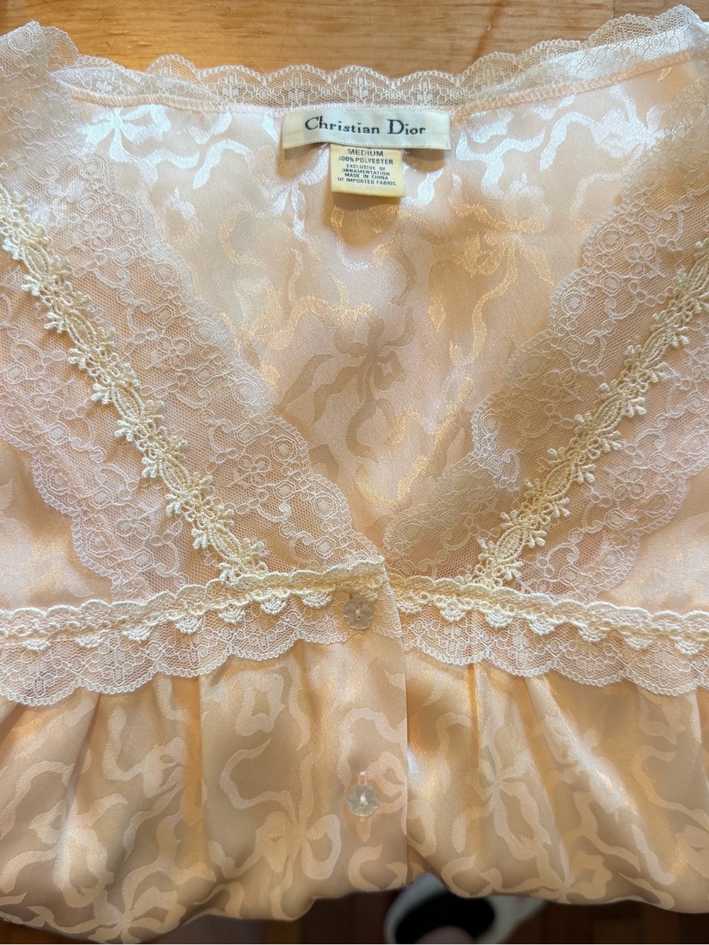 Dior Cream Lace-Trim Satin Chemise with Floral Jacquard
